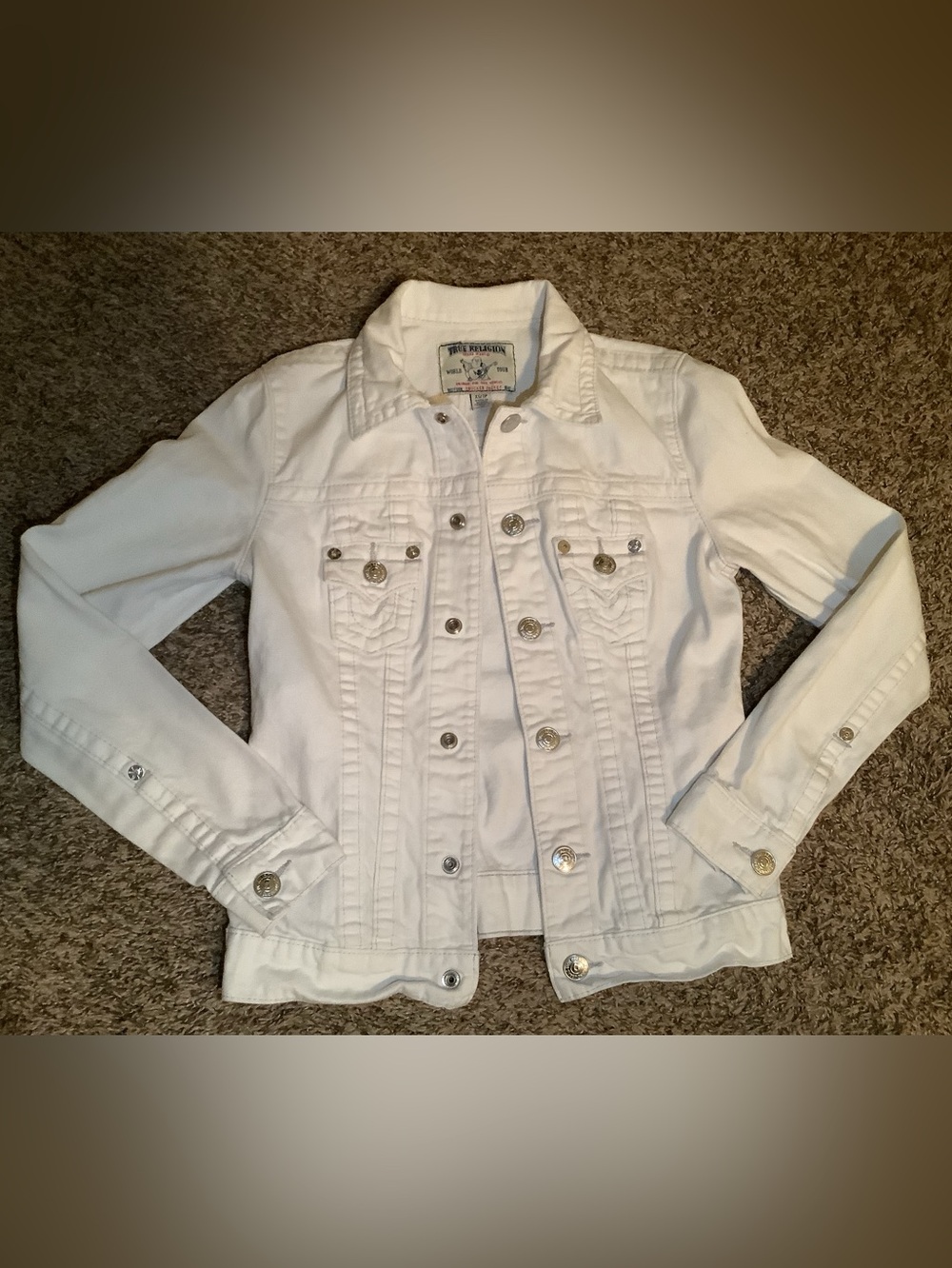 Women's True Religion trucker jacket, color white, size: XS